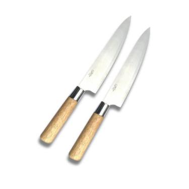 Imagem de Kit 2 Facas de Churrasco Cabo de Madeira Lâmina de Aço Inox - ChefLine