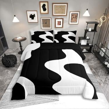 Imagem de Erosebridal Conjunto de cama de casal abstrato branco e preto, geométrico, listrado, geométrico, geométrico, geométrico, arte moderna, para adultos, mulheres, homens, conjuntos de cama simples