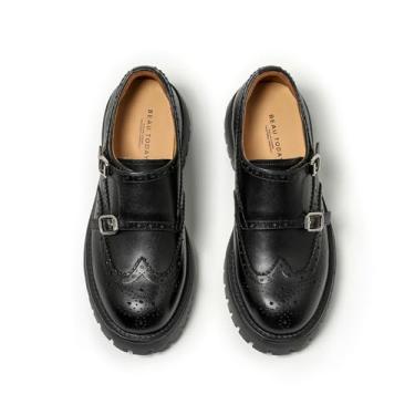 Imagem de BEAU TODAY Mocassins Chunky Para Mulheres, Plataforma De Couro Femininos, Sapatos Brogues Monk Strap, Sola Argola, Sem Cadarço, Casual, Negócios, Confortável, Elegante, Preto, Eua 6.5