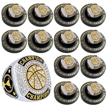 Imagem de 12 peças anel de basquete campeonato anel de basquete bola esporte troféu prêmio presente com corrente de pescoço de exibição e suporte para campeão de torneio ou campeão da liga (12 peças de anéis de