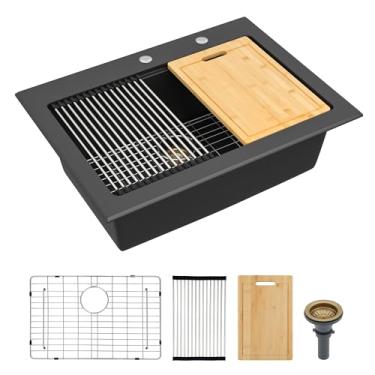 Imagem de Fulorni Pia de cozinha composta de granito de 76,2 x 55,88 cm – Bacia de pia clássica de quartzo de granito com borda preta fosca
