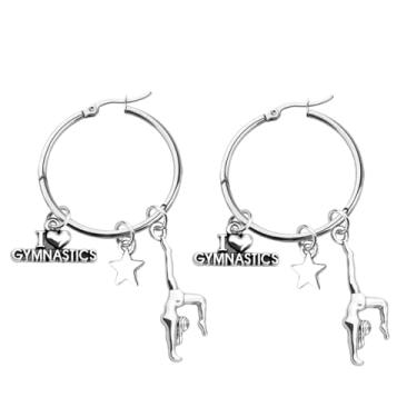 Imagem de FEELMEM Brincos de ginástica, presentes de ginasta, pingentes de ginástica, brincos de argola de círculo grande, presente de bailarina esportiva, presente para mulheres, 1, Aço inoxidável, liga