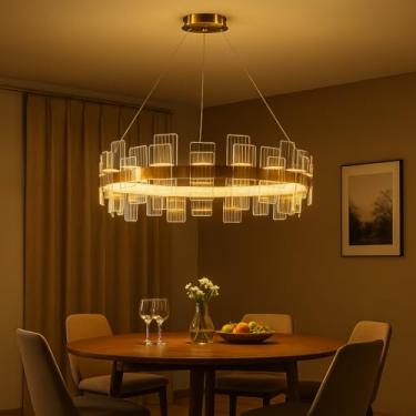 Imagem de Lustre Pendente Dourado LED 72W Tricolor – 80cm – Cristal Acrílico – Luxo e Sofisticação – Bivolt – Altura Regulável