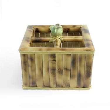 Imagem de Cesto Porta Talheres e Organizador Bambu Natural com Pássaro de Cerâmica 4 Compartimentos Mesa Posta Decoração (PÁSSARO PEQUENO)