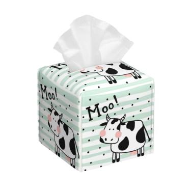 Imagem de Capa quadrada de caixa de lenços de vaca fofa, suporte de lenços de couro listrado verde branco e branco, organizador de papel facial de couro à prova d'água, capa de caixa de lenços para casa