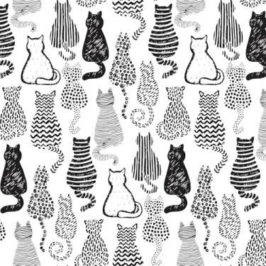 Imagem de LACHEERY Papel de parede de gato preto e branco de 44,5 cm x 698,5 cm, papel de parede autoadesivo engraçado de gatos para armários e paredes de banheiro