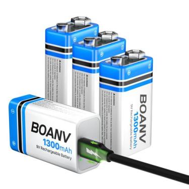 Imagem de Baterias recarregáveis BOANV 9V 1300mAh USB-C x4 com cabo