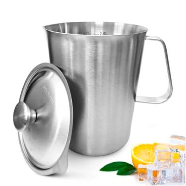 Imagem de Jarra de aço inoxidável de 1,984 g com tampa, copo medidor de metal com marcação com alça, copos graduados de boca grande de 2 L, jarra de espuma de leite para máquinas de café expresso, arte latte