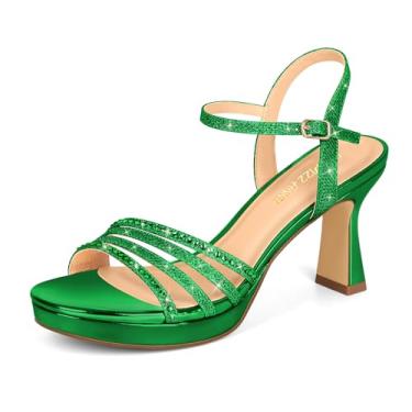 Imagem de PIZZ ANNU Lena sandália feminina plataforma salto alto bloco grosso brilhante strass aberto bico aberto tira no tornozelo sapato para festa casamento, Verde Kelly, 35