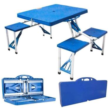 Imagem de Mesa Camping Praia Com 4 Cadeiras Dobravel Vira Maleta Portatil Mesinha Picnic Pesca Estudo Crianças Com Banquinhos