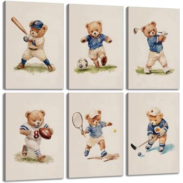 Imagem de 6 peças de arte de parede em tela de urso de pelúcia para berçário, pinturas esportivas, vintage, quarto de menino, decoração de parede, pôsteres de animais, imagens de futebol infantil para quarto de