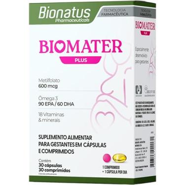 Imagem de Bionatus, BioMater Plus, Suplemento alimentar, Vitaminas A 800mcg / D 50mcg / B1 1,4mg / B2 1,4mg, Ácido Fólico 600mcg DFE, Ferro 27mg, 30 cápsulas • 30 doses, Branco