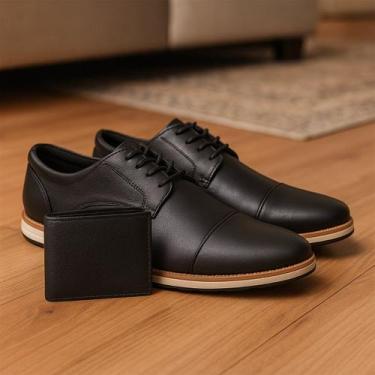 Imagem de Kit Sapato Couro Masculino Oxford Calce Fácil +Carteira - Giolo, Preto