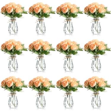 Imagem de Zeyune Pacote com 37 flores de peônias artificiais com vaso de botão, 24 pacotes de buquês de peônias de seda, 12 vasos de plástico transparente com 1 corda de flores falsas para vasos de mesa de