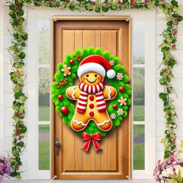 Imagem de BlissYard Capa para porta de Natal, fundo fotográfico, guirlanda de gengibre, doces, 89 x 188 cm, decoração de porta de inverno, faixa para decoração de casa, exterior, interior, entrada, festa