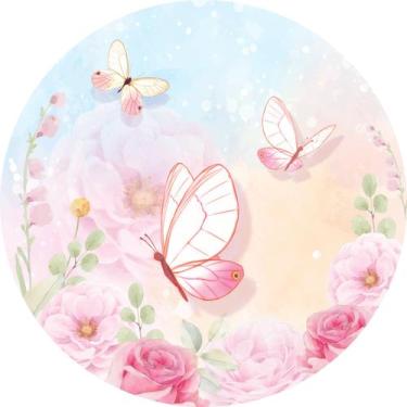 Imagem de Painel de Tecido Sublimado Redondo Borboletas e Rosa Aquarela Tons Pas