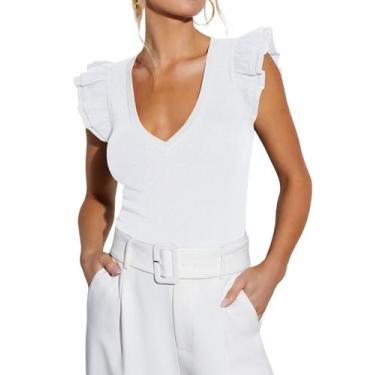 Imagem de Camisa feminina BONITEE branca canelada com babados e decote em V