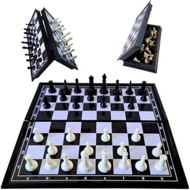 Imagem de Jogo de Xadrez Tabuleiro Magnético Dobrável 19x19cm Estojo Guarda As Peças Dentro Plástico Portátil Preto