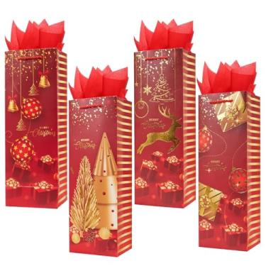 Imagem de ZJHiome Pacote com 12 sacos de presente de garrafa de Natal com papel de seda, sacos de garrafa de papel de 35 cm de espessura a granel para garrafas de champanhe e vinho, sacos de vinho reutilizáveis