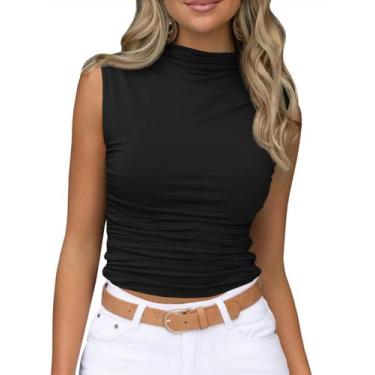 Imagem de Blusa feminina Tankaneo, sem mangas, simulada, de gola alta, preta