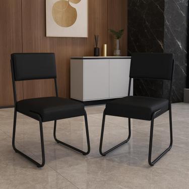 Imagem de Kit 2 Cadeiras Decorativa Sala De Estar Cozinha Jantar Flórida Couro Sintético Preto Tubo Preto