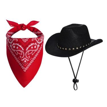 Imagem de choyaxo Fantasias de Halloween para cães, gatos, animais de estimação, cowboy, chapéu de cowboy com bandana, conjunto para Halloween, Natal, férias, festa, cosplay (preto, grande)