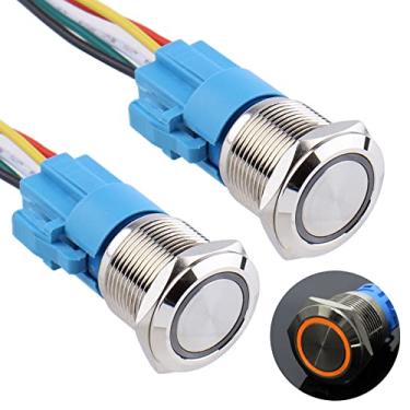 Imagem de DMWD 2 peças interruptor de botão de travamento de 19 mm à prova d'água 12 V-24 V anel led 1NO 1NC autotravamento liga/desliga metal redondo 3/10.2 cm orifício de montagem com plugue de soquete de fio