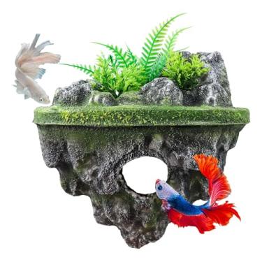 Imagem de MinrzPet Decorações de aquário flutuante – Decoração de aquário com túnel de esconderijo, caverna de peixes e camarões Betta, acessório de aquário de PVC com plantas artificiais