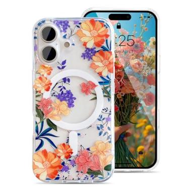 Imagem de UEEBAI Capa magnética para iPhone 16, capa de flores compatível com MagSafe, capa de telefone floral bonita com carregamento sem fio, antiamarelamento, flores luxuosas, capa transparente para mulheres