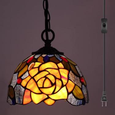 Imagem de Luminária pendente pequena Tiffany com plugue de vitral de 20 cm de altura ajustável para pendurar em casa, cozinha, ilha, sala de jantar, corredor (estilo rosa amarela roxa)