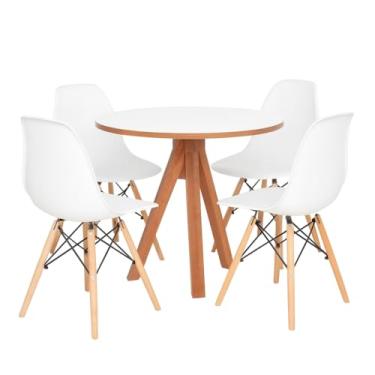 Imagem de DECORESHOP Mesa Redonda 90cm Tampo Branco MDF com 4 Cadeiras Eiffel Base em Madeira, Design Moderno para Sala e Escritório (Cadeiras Brancas)