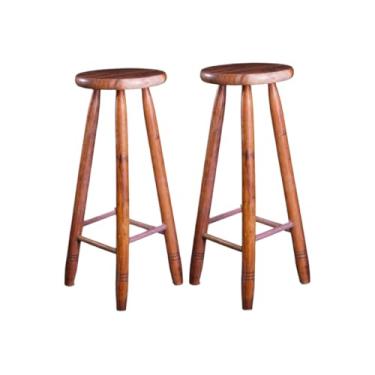 Imagem de Banquinho de Madeira Redondo 70cm - Kit com 2 Bancos Altos sem Verniz - Tamborete Rústico de Madeira Maciça para Sala, Varanda e Jardim