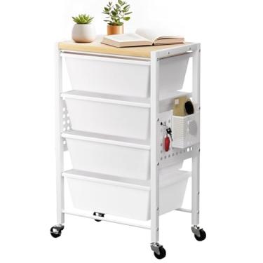 Imagem de Carrinho de rodinhas com 4 gavetas, carrinhos de armazenamento de gaveta de plástico com rodas e mesa de madeira, carrinho utilitário de metal com pegboards, escritório, sala de estar, sala de aula