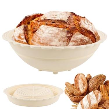 Imagem de XYTZHSAI Cesto de silicone à prova de pão, conjunto de 2 cestos redondos para assar pão de fermento, tigela dobrável de ratten de 25 cm para padeiros profissionais e domésticos (bege)