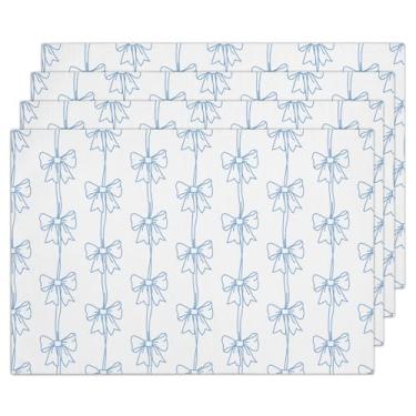 Imagem de Conjunto de 4 jogos americanos de laço azul, tapetes de mesa de cozinha laváveis resistentes ao calor, 30 x 45 cm para casa, restaurante, fazenda, decoração de mesa de festa interna e externa -A08