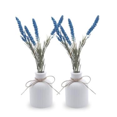 Imagem de Kit 2 Arranjos Com Vasos de Gesso Planta Artificial Decorativa(Lavanda Azul)