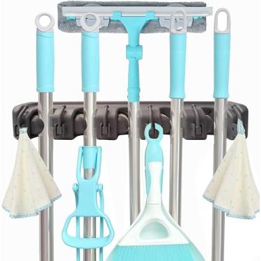 Imagem de C-CHAIN Suporte de esfregão e vassoura, 5 posições com 6 ganchos, armazenamento de garagem, comporta até 11 ferramentas, organizador multiuso de parede para cozinha, garagem, cinza