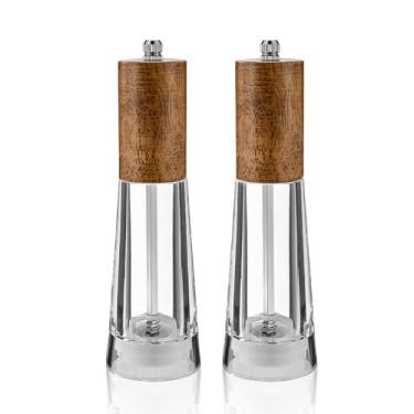 Imagem de Conjunto de moedor de sal e pimenta, moedor de pimenta acrílico com moedor de pimenta de madeira grossura ajustável, saleiro manual recarregável para cozinha, pacote com 2 (madeira clara)