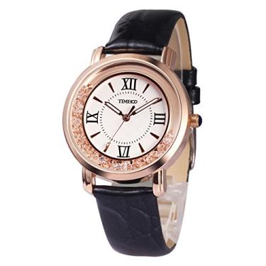 Imagem de TIME100 Relógio feminino pulseira de couro de cristal diamante relógio feminino quartzo analógico movimento japonês meninas senhora relógio, Preto