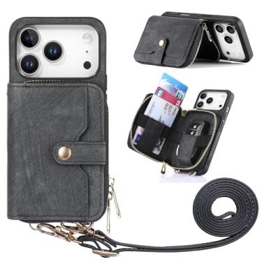 Imagem de AOPNN Capa tipo carteira transversal para iPhone 17Pro, capa transversal com zíper com alça de pulso, suporte para cartão, bolsa de mão protetora de couro PU com zíper para mulheres (preta, para