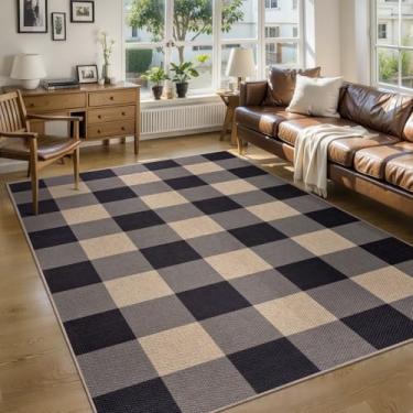 Imagem de Tangsoo Tapete xadrez cinza de juta fácil, tapete lavável de 10 x 15 cm para quarto, tapete antiderrapante para ambientes internos e externos