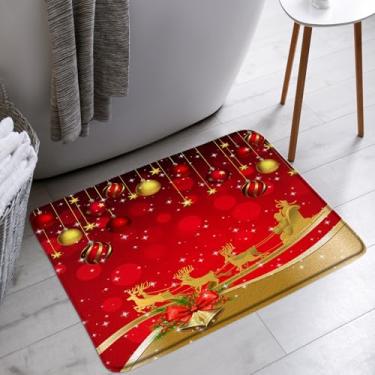 Imagem de AMFD Merry Christmas Tapete de banho vermelho bola de Natal Papai Noel rena trenó sino de inverno férias banheiro banheira tapetes de chão tapete decoração de vaso sanitário, 45,7 x 76,2 cm