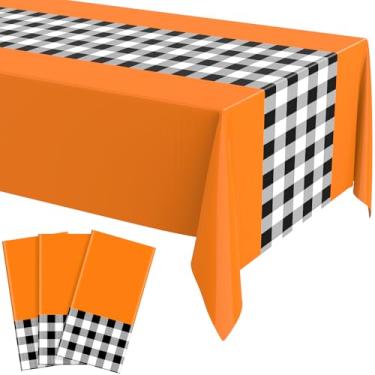 Imagem de Toalha de mesa de plástico descartável quadriculada com design retrô de caminho de mesa guingão, 277 x 137 cm, xadrez buffalo, xadrez, retangular, capa de mesa para festa de aniversário de Halloween