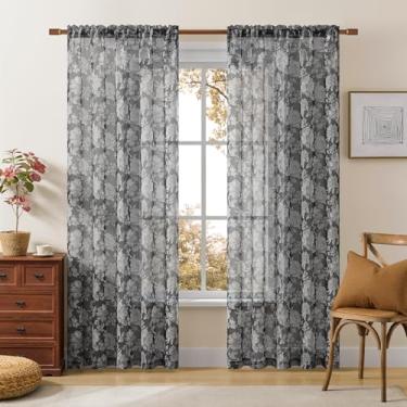 Imagem de Cortinas florais vintage 222 cm de comprimento 2 painéis para quarto de meados do século, cortinas de filtragem de luz com bolso de varão, cortinas de janela para sala de estar, branco sobre preto 132