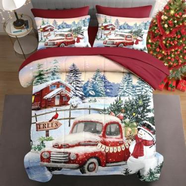 Imagem de WeCozy Jogo de edredom Queen com 7 peças, 2 fronhas e 2 fronhas, fazenda de inverno e floresta para crianças e adultos, caminhonete vintage em uma bolsa com lençol de cima