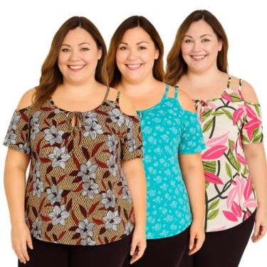 Imagem de Kit 3 Blusa Ombro Vazado Feminina Malha Fria Liganete Estampadas - Res