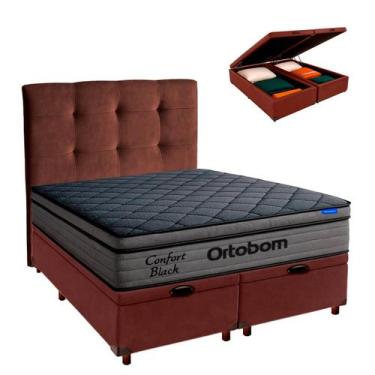 Imagem de Cama Box Bau Marrom + Cabeceira + Colchão Queen Confort Black Ortobom