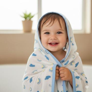 Imagem de Toalha de Banho Infantil Soft Com capuz + 3 Babete variadas bebe Menino Pano de Boca Antialérgico