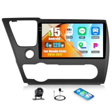 Imagem de Rádio estéreo automotivo 4G + 128G para Honda Civic 2013-2017, Android 15, com CarPlay sem fio, Android Auto, tela sensível ao toque IPS de 9 polegadas, 1280 x 720P, Bluetooth5.0, GPS, WiFi, câmera