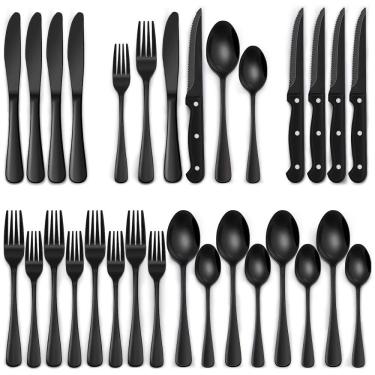 Imagem de Jogo de Talheres Sofisticado Preto de 24 Peças com Facas de Churrasco - Aço Inox Premiu...